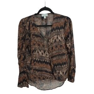Veronica M Animal Print Brown Long Sleeve Sheer VNeck Blouse Size Small